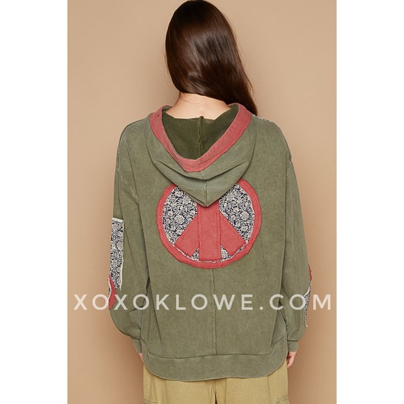 POL Olive French Terry Hoodie | Vintage Wash Peace & Floral Patchwork - Picture 8 of 10